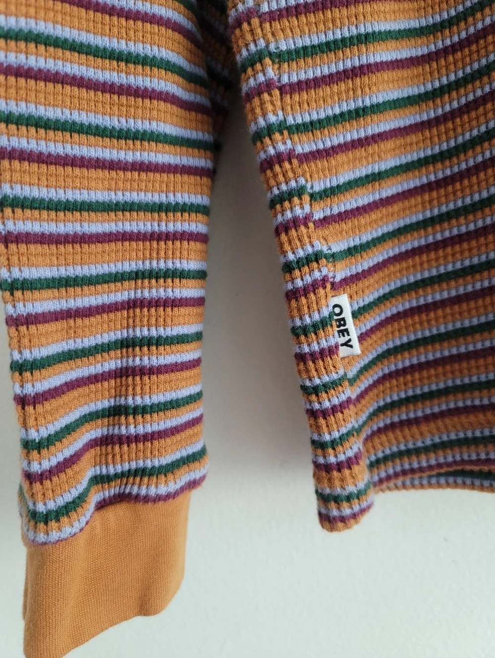 Obey Les Stripe Thermal Shirt Brown Sugar Multi Stripe‎ Long Sleeve 100% Cotton